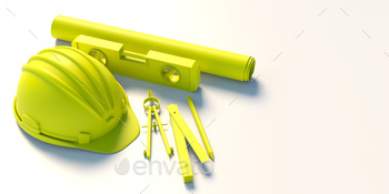 Spirit bubble level hardhat and design accessories on white background. 3d illustration / Photodune, Misc
