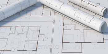 Construction project concept. Architecture blueprint background, 3d illustration / Photodune, Misc