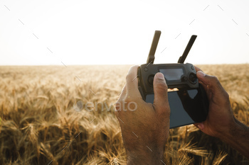 Male hands holding remote controller of quadcopter in wheat field / Photodune, Misc