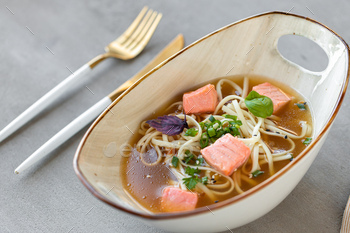 Japanese miso soup with salmon and tofu cheese / Photodune, Misc