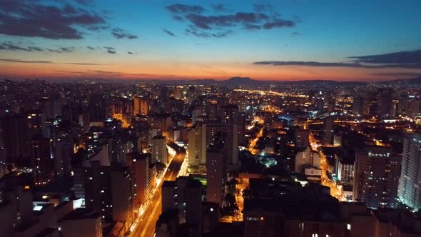 Sunset downtown Sao Paulo Brazil. Downtown district at sunset scenery.