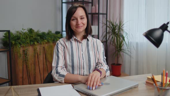 Young Woman Businesswoman Sitting at Home Office Closing Laptop Pc After Finishing Work Elearning