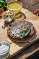 Spicy lamb kebab patties served with mint dip, crunchy salad, pitta bread and raw red onions - PhotoDune Item for Sale