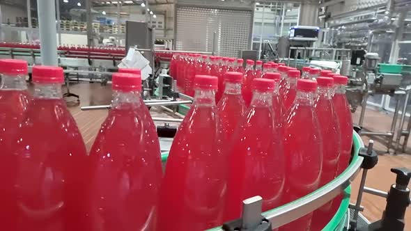 Red Liquid Sweet Soft Drink Moving at Conveyor Footage