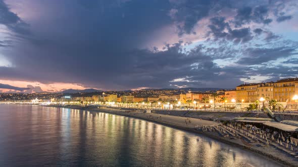 Waterfront of Nice City and Mediterranean Sea Day to Night Timelapse