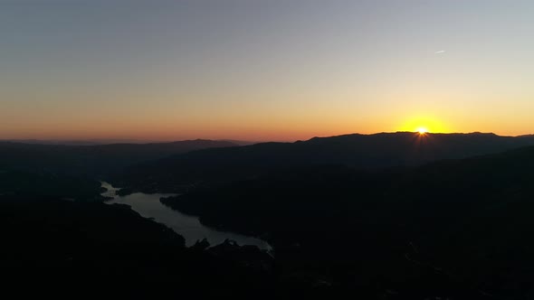 Aerial drone view of highlands in Portugal at sunset