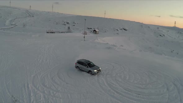 Car Drifting on Snow, Aerial View