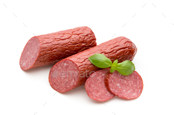 Salami smoked sausage, basil leaves on white background cutout. / Photodune, Misc