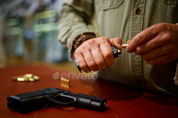 Weapon shop interior, ammo and ammunition assortment, firearms choice, shooting hobby and lifestyle, self protection