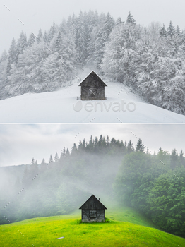Collage of two images of a wooden cabin in the forest / Photodune, Misc