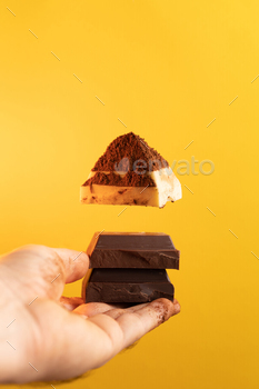 The man holds the white and dark chocolate covered with cocoa / Photodune, Misc