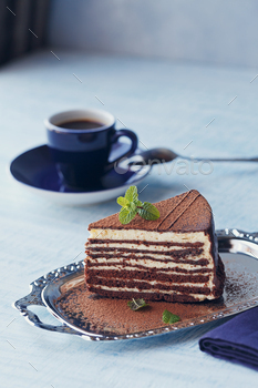 Slice of delicious chocolate cake on silver plate / Photodune, Misc