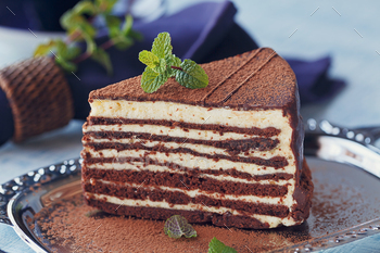 Slice of delicious chocolate cake on silver plate / Photodune, Misc