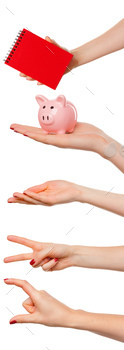 Multiple images set of female caucasian hand with objects isolated over white background / Photodune, Misc