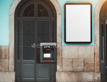 TM indoors; a blank poster placeholder on a marble wall and the paying cash dispenser in an arch door; automated teller machine and banner template