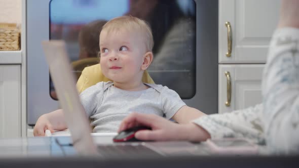 Mother Works on Laptop While Her Toddler Playing with Smartphone One Year Old Baby Boy Sitting in