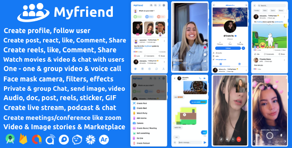 Myfriend - Friend Chat Post Tiktok Follow Radio Group ecommerce Zoom Live clone social network app