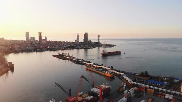 Batumi Port Dock And Waterfront Panorama (Tilt Up View)