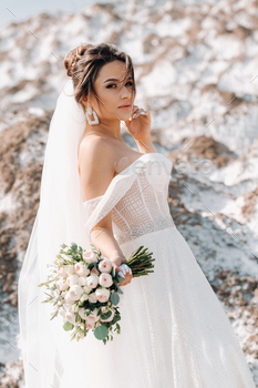 Beautiful bride in a wedding dress with a bouquet on the top of the salt mountains. A stunning young / Photodune, Misc