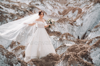 Beautiful bride in a wedding dress with a bouquet on the top of the salt mountains. A stunning young / Photodune, Misc