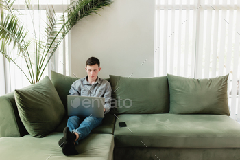 Young guy sitting at green sofa with gray laptop and black phone / Photodune, Misc