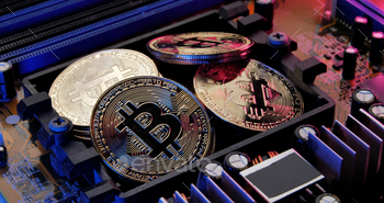 Golden coins with bitcoin symbol on electronic circuits in a computer mainboard. / Photodune, Misc