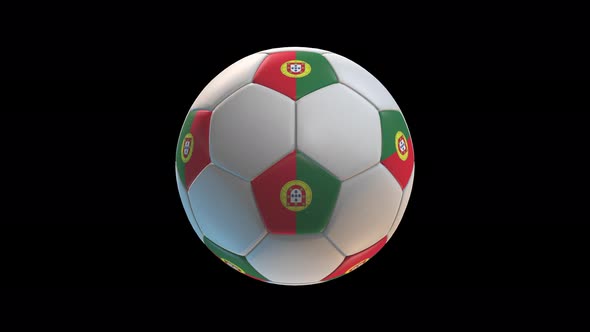 Soccer ball with flag Portugal, on black background loop alpha alt