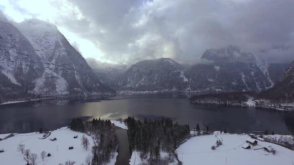 Aerial view of winter scenery at Hallstatt Lake