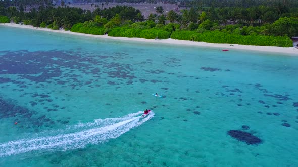 Drone aerial landscape of lagoon beach voyage by clear ocean with sand background