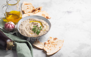 Baba ganoush, plate with pita bread and ingredients on a concrete background with a napkin / Photodune, Misc