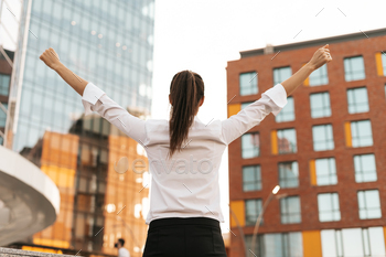 Rear view of businesswoman looking business buildings / Photodune, Misc
