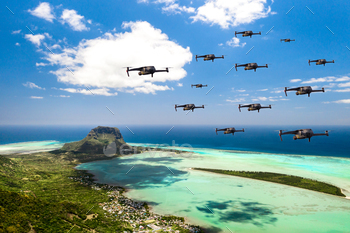 Drones fly over the island of Mauritius in the Indian Ocean. A natural landscape with drones flying