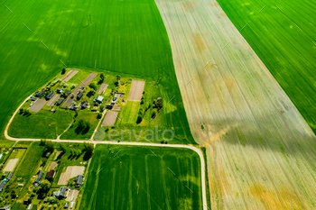 top view of a sown green field and a small village in Belarus. Agricultural fields in the village / Photodune, Misc