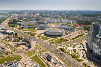 View from the height of Pobediteley Avenue in Minsk.New residential and sports buildings in the / Photodune, Misc