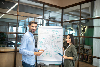 Two colleagues making sketches on the flipchart / Photodune, Misc