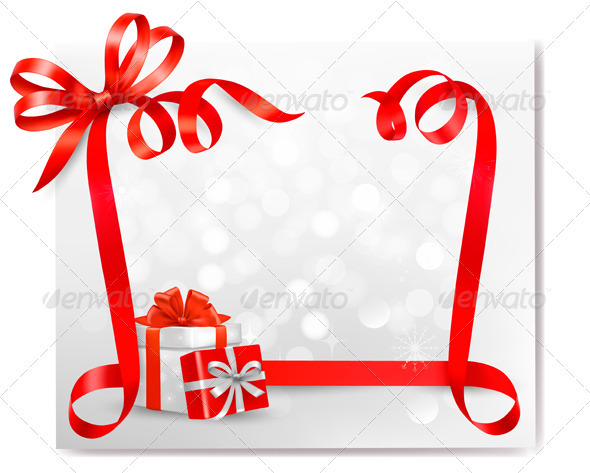 Holiday background with red gift bow with gift box