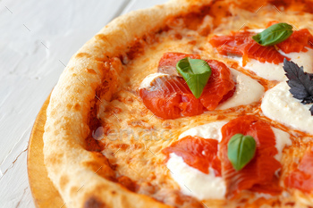 Hot pizza Margherita on white wooden table / Photodune, Misc