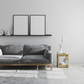 two blank poster frame mock up on shelf in gray living room interior background - PhotoDune Item for Sale
