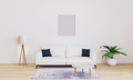 Empty frame for mockup. Bright living room with white sofa with dark blue pillows - PhotoDune Item for Sale
