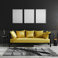 blank frame on black wall, three vertical poster frame mock up in dark modern interior - PhotoDune Item for Sale