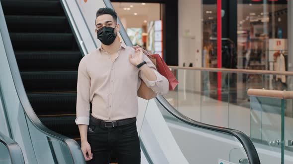 Arab Spanish Indian Male Shopper Consumer Man Customer Businessman Buyer Wearing Medical Mask with