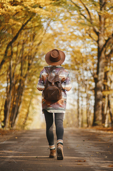 Stylish woman traveller in hat with backpack walking on road in sunny autumn woods. Wanderlust / Photodune, Misc