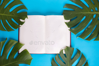 Top view - book with blank pages decorated with green monstera leaves on blue background / Photodune, Misc