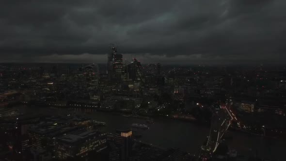 Aerial Drone View of London Financial District Skyscrapers Panorama Drone Flying Backwards Above