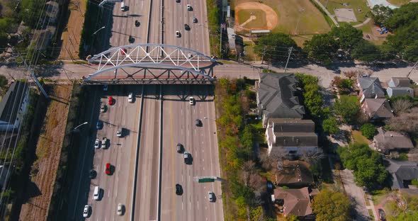 Aerial of cars on 59 South freeway in Houston, Texas on a bright sunny day