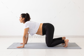 Young flexible pregnant woman doing gymnastics on rug on the floor on white background. The concept / Photodune, Misc