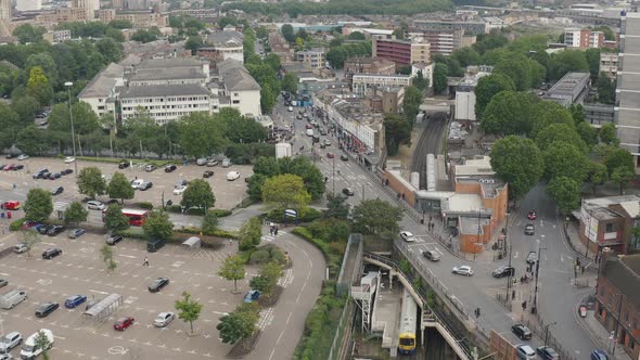 Streets of London. Rooftops and Overground Station of Surrey Quays