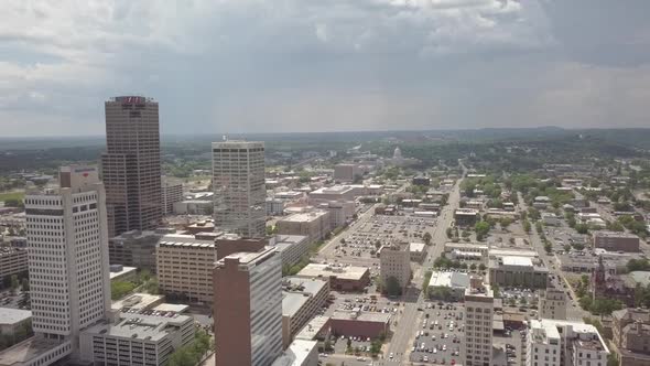 Aerial shot panning bridge's over the Arkansas river downtown Little Rock Arkansas.