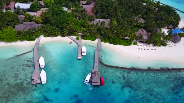 Drone view seascape of exotic lagoon beach journey by blue ocean and sand background