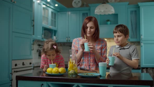 Young mother with two kids drinking homemade lemonade standing on blue kitchen at home.